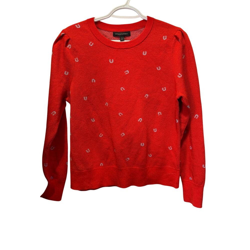 Banana Republic Red Horseshoe Print Merino Wool Puff Sleeve Sweater Size L